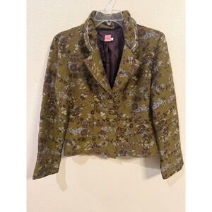 Ohm Floral Print Blazer Jacket Women's Size P Olive Green Purple Brown Textured